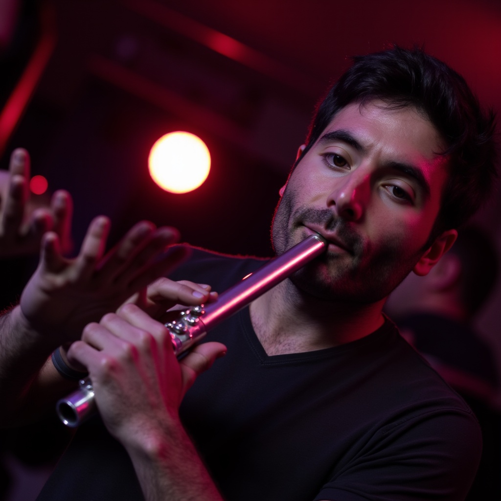Award-winning photo of a passionate jazz flutist under moody stage lighting.