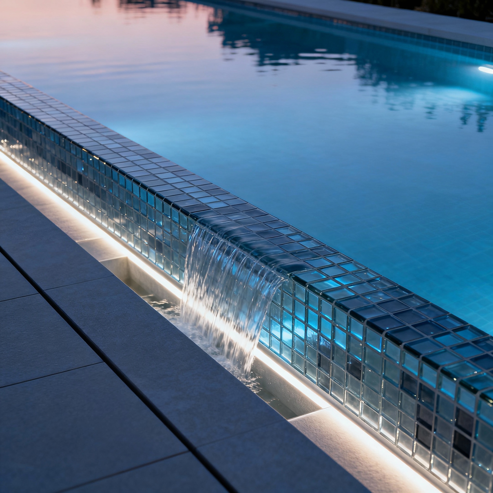 Close-up photorealistic shot of a negative edge pool at dusk, showing seamless glass tile edge, subtle spillover into a re...