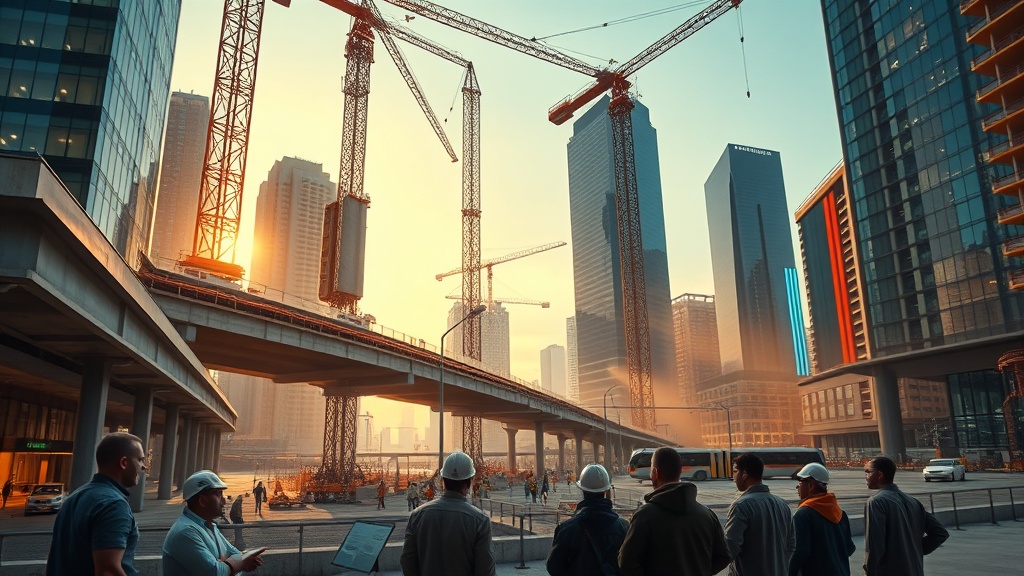 A cinematic, photorealistic still of a metropolitan rapid-rail construction site at dusk