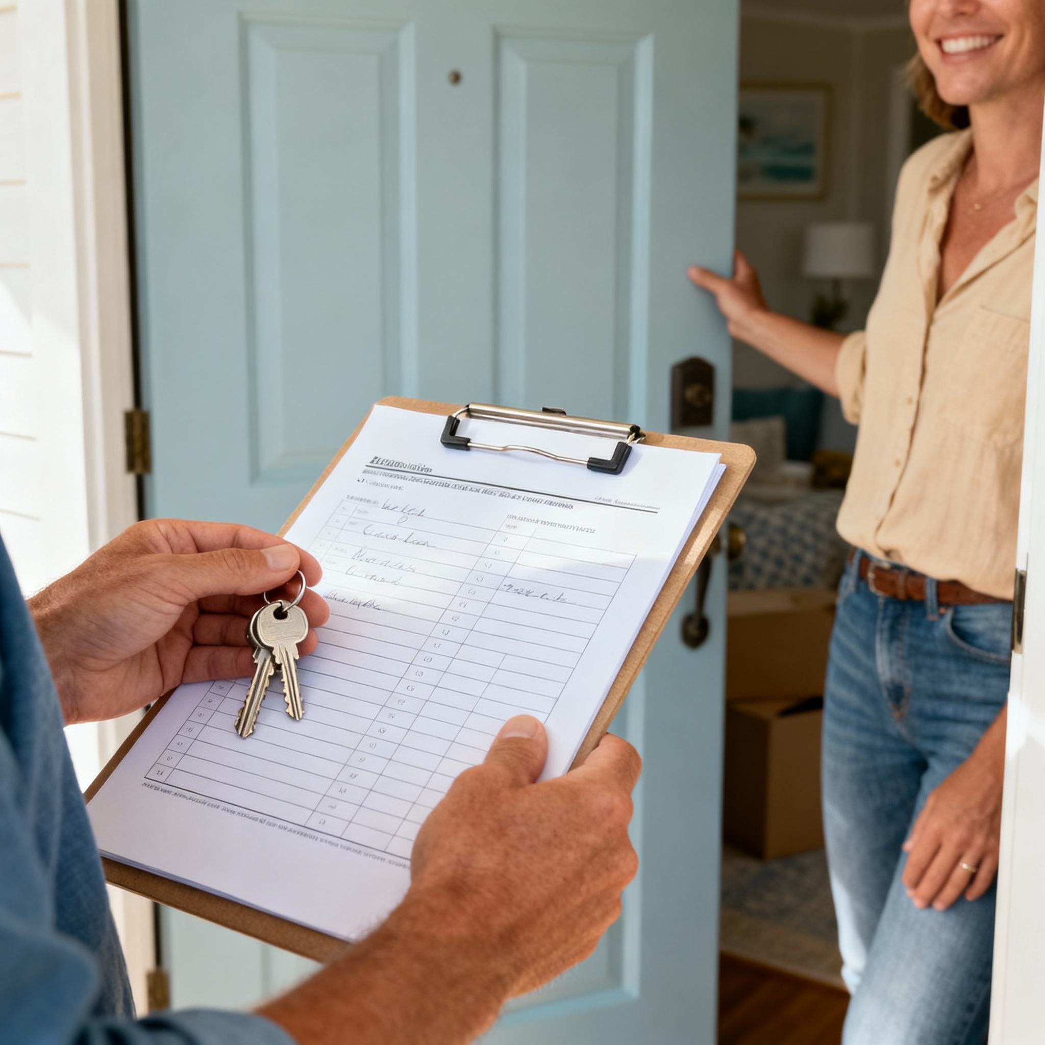 A friendly, photorealistic image of a landlord and tenant discussing a move-in checklist at the front door, natural daylig...