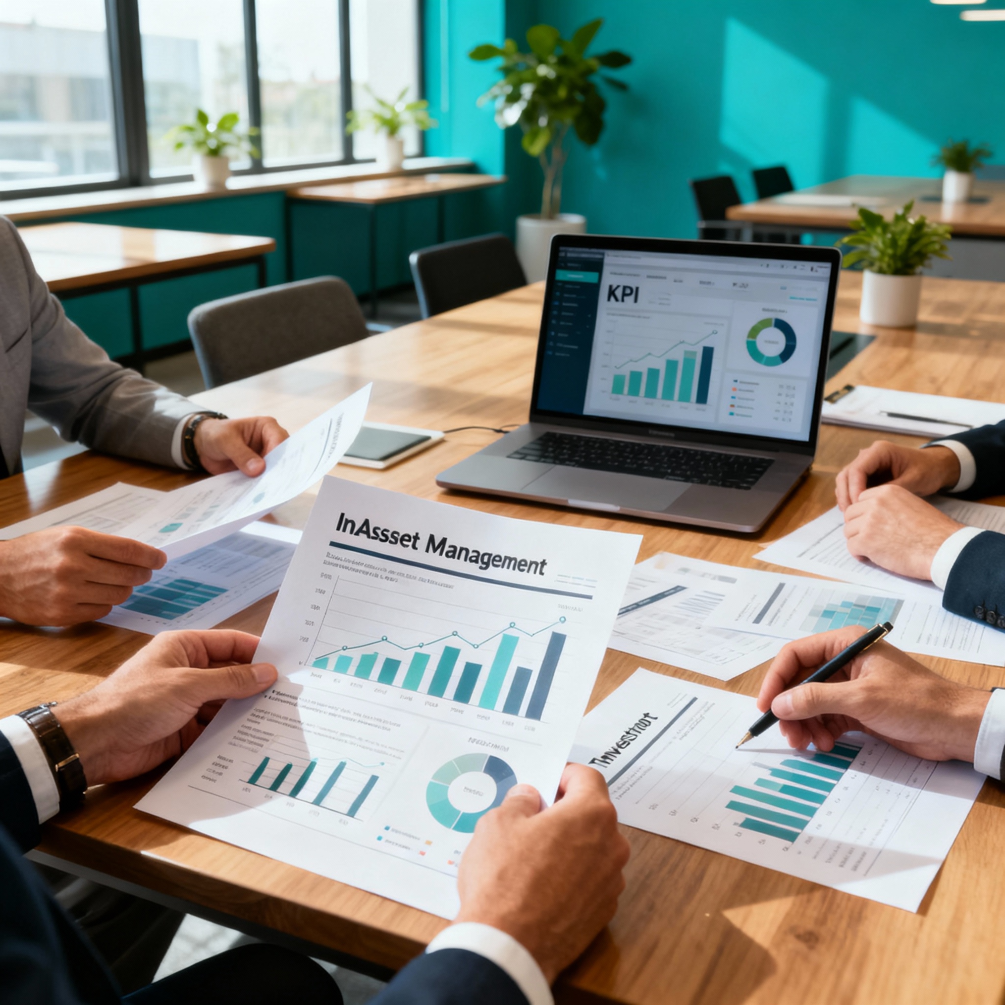 Photorealistic scene of a small, collaborative asset management team meeting in a bright conference room, reviewing a prin...