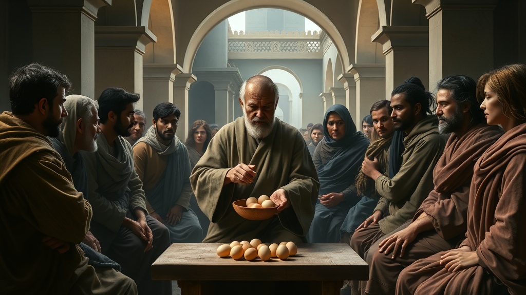 A contemplative, parable-like religious scene in the style of Leonardo da Vinci: a timeless teaching moment set in a softly lit, classical interior with arches and geometric architecture in the background. At the center, a dignified, introspective teacherly figure gently presents a simple wooden bowl of eggs on a low table to a small group of diverse but ethnically indeterminate townspeople gathered around in a triangular, balanced composition. The figures are rendered with anatomically correct proportions, subtle sfumato shading and gentle, hazy outlines that blend them into the atmospheric background. Facial expressions are detailed and deeply expressive—questions, concern, compassion, and quiet resolve—conveying themes of honesty, stewardship, and care for creation without depicting any specific person or place. Clothing and drapery show meticulous, tactile folds and rich texture, executed in a rich, earthy color palette with restrained gilding tones used only as light accents. Dramatic yet soft chiaroscuro models forms and directs the eye; atmospheric perspective creates convincing depth into a distant architectural vista. Include subtle, metaphorical background objects—an unmarked scale on a shelf, a plain ledger with blank pages, a small, humble nest of straw—each rendered with careful detail as visual allusions to fairness, transparency, and responsibility. Composition follows classical geometric principles and golden-triangle balance, with light appearing to enter from an off-frame window, creating a serene, contemplative mood. High realism combined with idealized beauty, meticulous attention to hands, faces and fabric, and soft, smoky transitions between planes characteristic of Leonardo. Important: do not include any text, letters, words, numbers, logos, icons, symbols or watermarks in the image.
