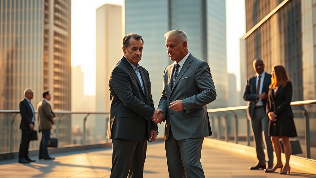 현대적 도시 배경에서 두 인물이 손을 내미는 영화적 장면