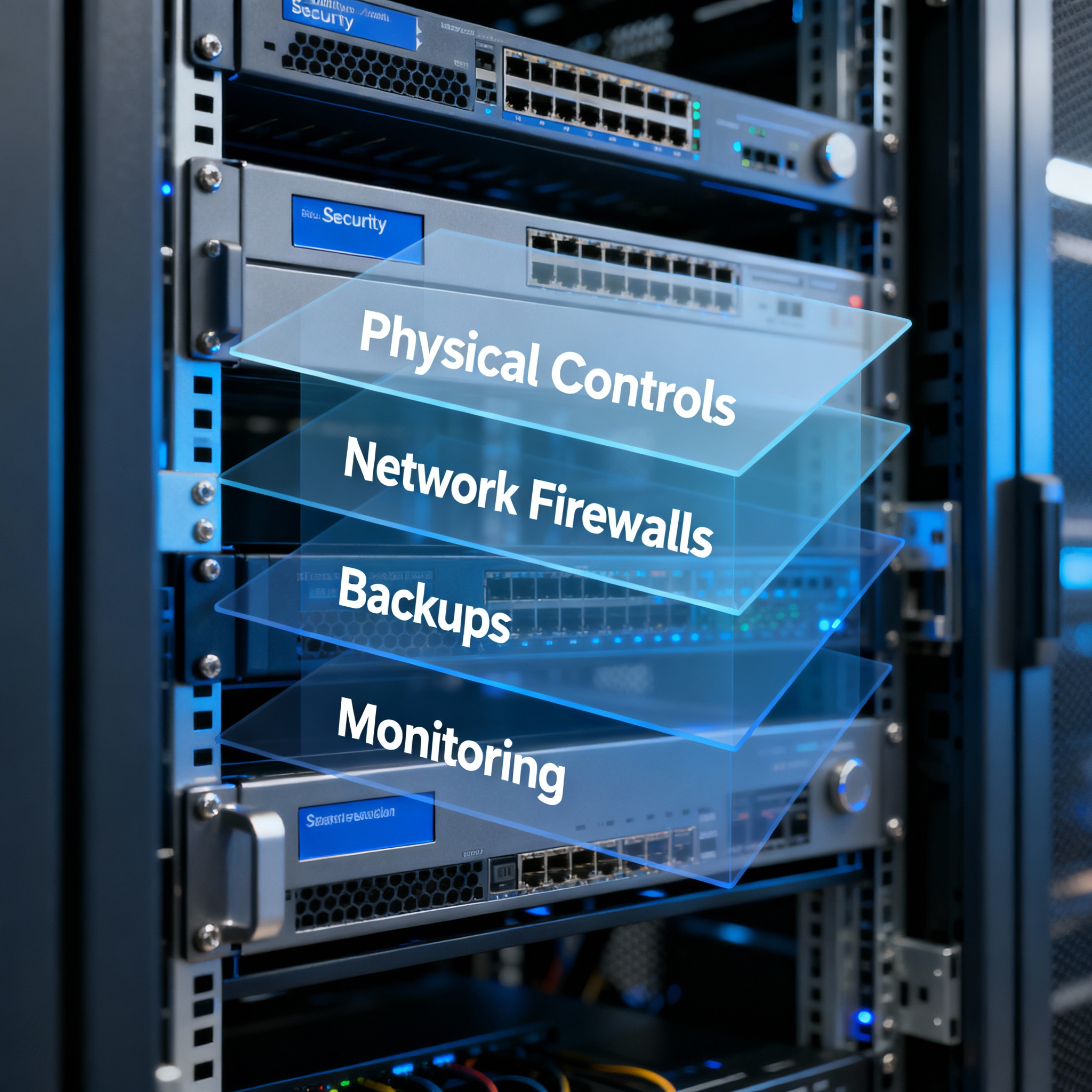 Photorealistic close-up of a server rack with a translucent overlay infographic showing security layers: physical controls...