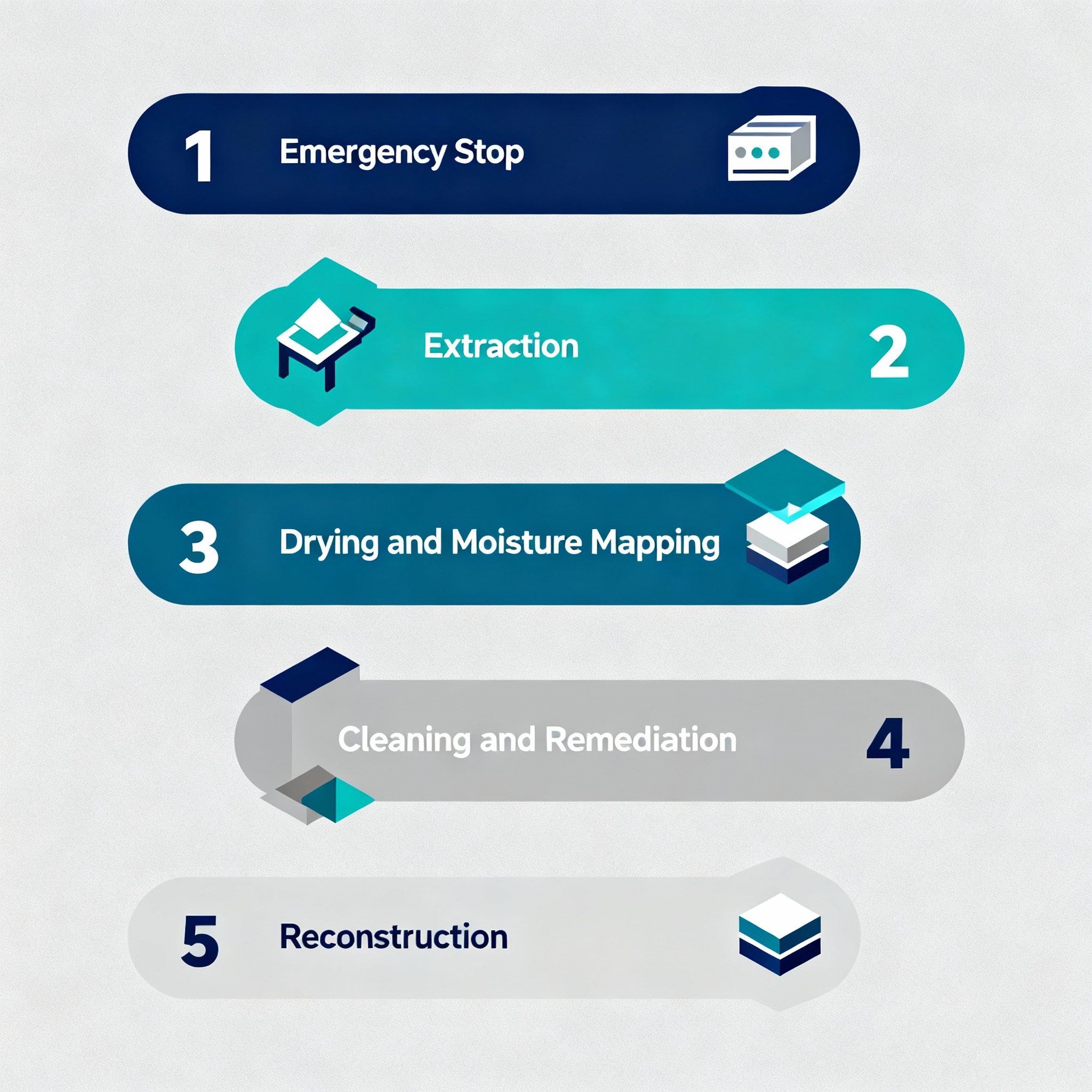 Isometric infographic style diagram showing the five phases of water damage response: 1) Emergency Stop, 2) Extraction, 3)...
