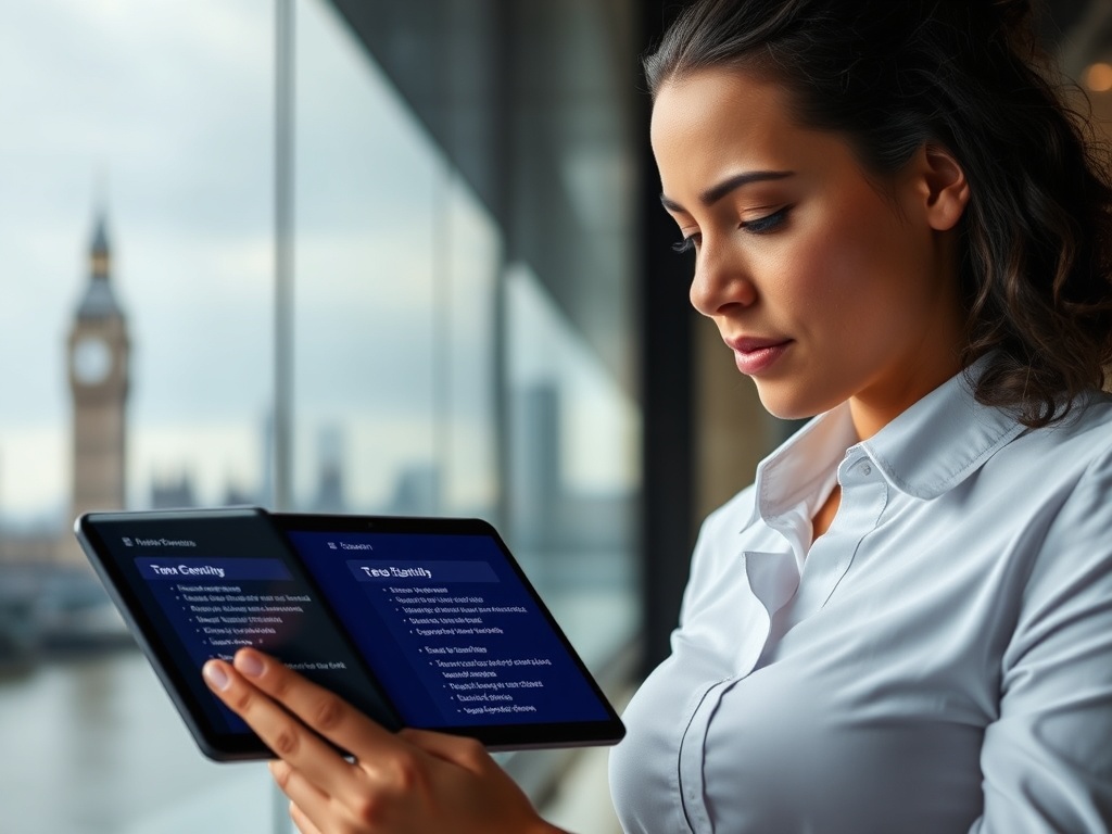 Job seeker reviewing listings on a tablet with London skyline background