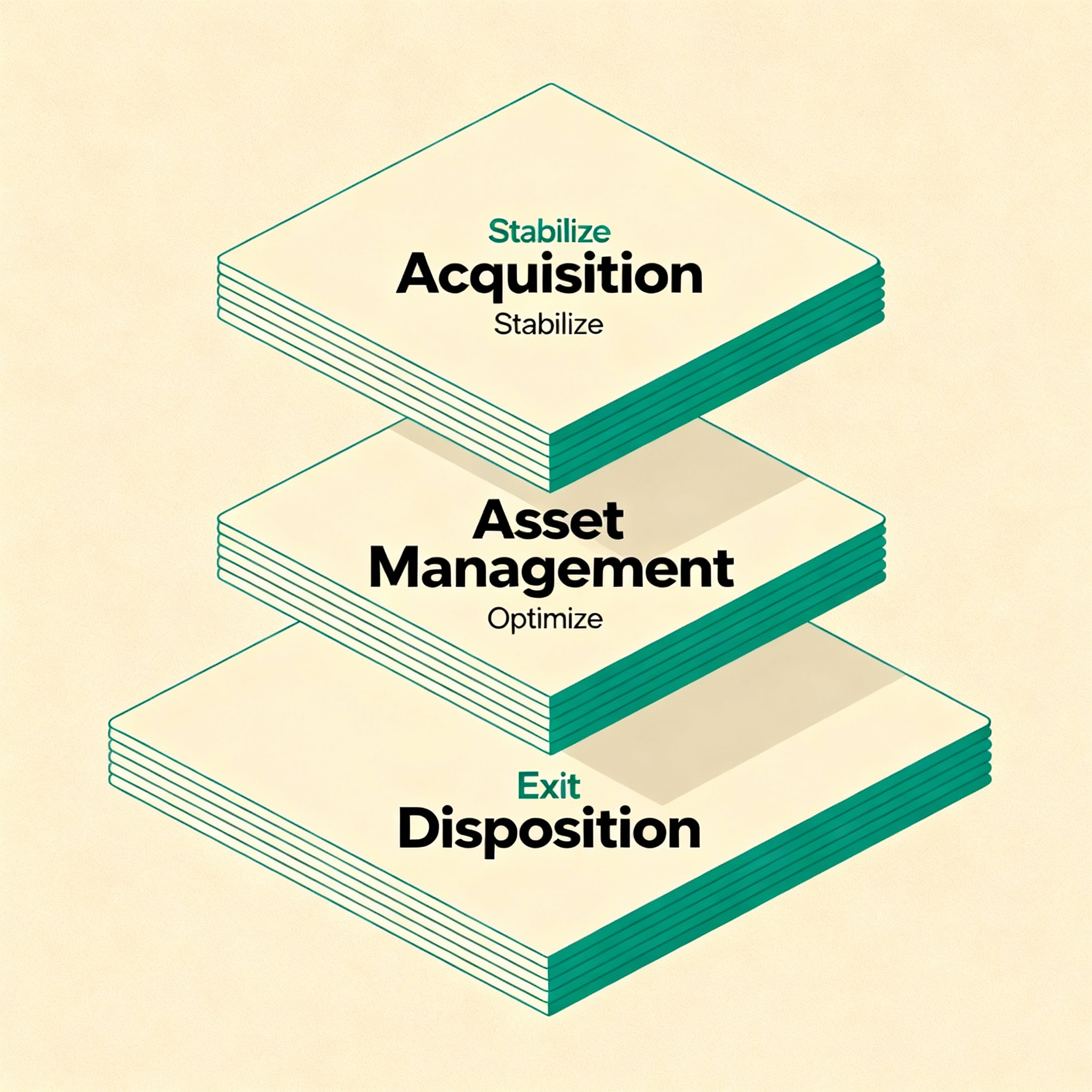 Isometric infographic showing three stacked layers labeled Acquisition, Asset Management, and Disposition, minimalist diag...