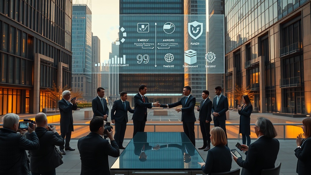 A cinematic, photorealistic movie-still capturing a high-level diplomatic meeting in a 2025 urban setting. The scene takes place on a raised open-air plaza between sleek glass-and-steel skyscrapers, evening light mixing warm golden hour sunlight with cool neon and architectural accent lighting. In the foreground, two groups of well-dressed delegates in contemporary tailored suits and understated business attire stand around a modern glass table; two senior representatives are captured mid-handshake as they exchange a formal agreement document, framed as the emotional focal point. Above the table, a subtle holographic projection floats — abstract, non-geographic visualizations of trade and investment flows, glowing charts, an energy icon, a semiconductor symbol, and a shield-like emblem representing security cooperation — all rendered without text, flags, logos or any identifiable insignia. Photographers and press silhouettes occupy the midground, lenses raised, while advisors consult digital tablets and paper briefings to the side. The composition is widescreen 16:9, shot with a cinematic lens (moderate telephoto compression) that creates shallow depth of field and layered bokeh highlights, emphasizing the handshake while keeping the modern cityscape crisp yet atmospheric in the background. Lighting is naturalistic and filmic, with realistic skin tones, textured fabrics, and high-resolution material detail on glass, metal, and pavement. The overall mood is serious but hopeful — a polished, contemporary movie still conveying economic partnership, alliance modernization, and complex energy and industrial collaboration in a universally relatable, non-specific international context.