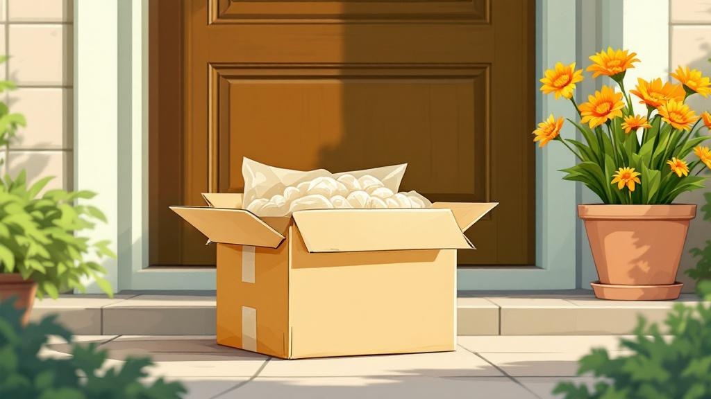 Cartoon discreet package on doorstep delivery