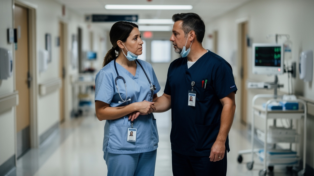 Healthcare professionals discussing workplace safety concerns