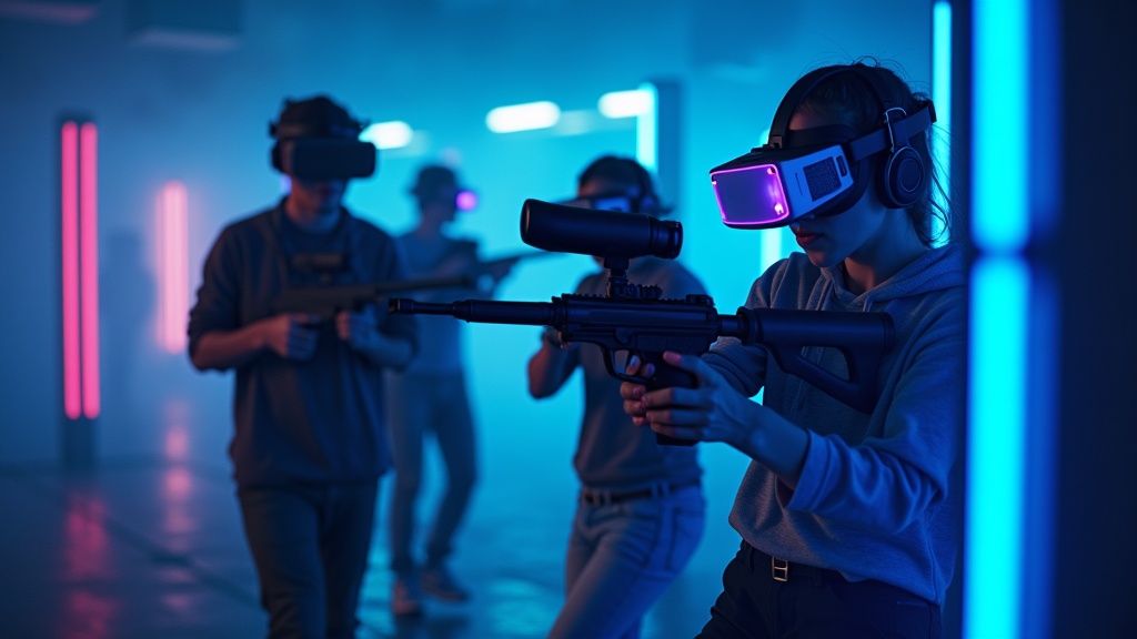 Un jugador inmerso en un escenario de la experiencia SMASH POINT paintball virtual, apuntando en Virtua Barcelona.