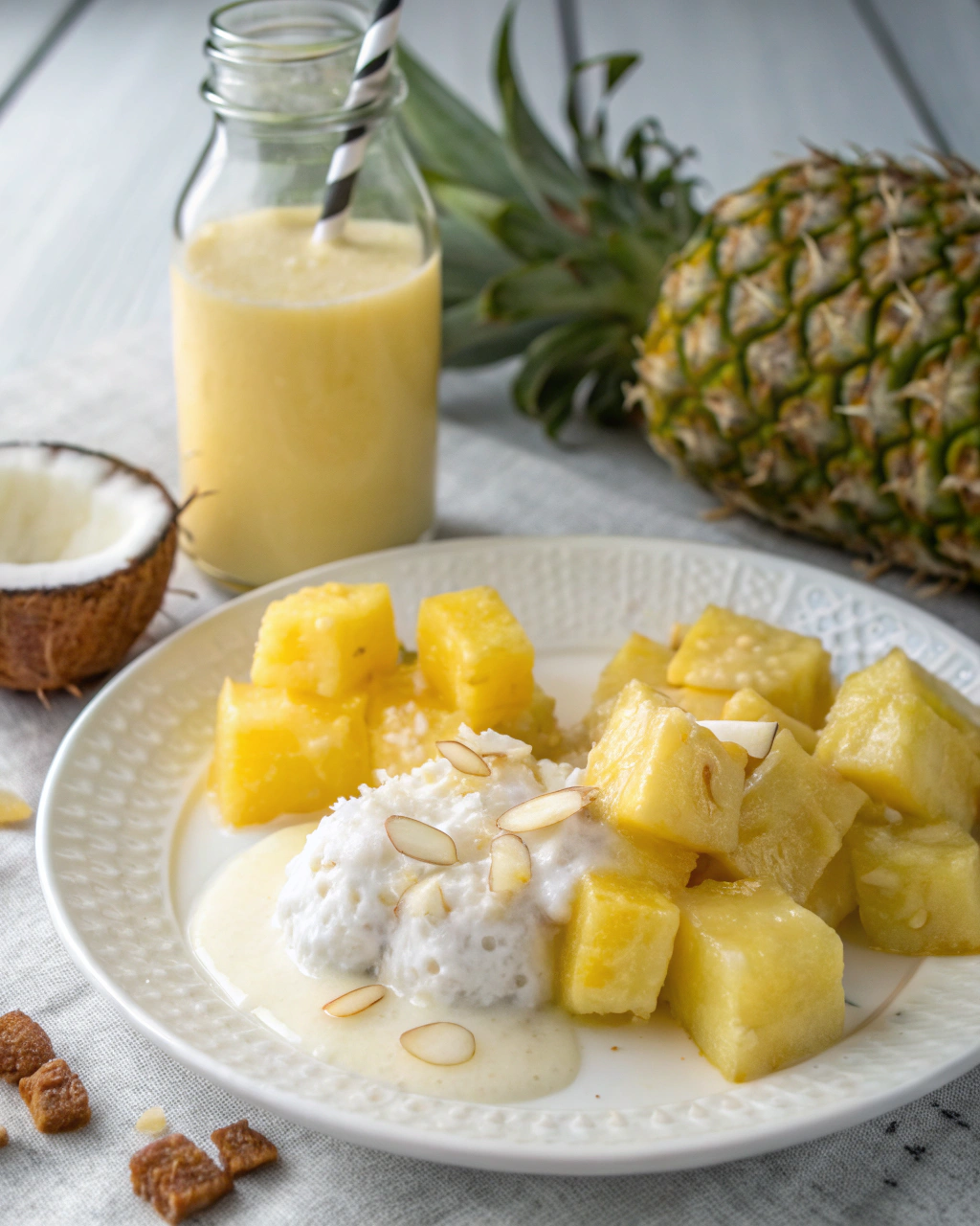 Piña Colada Mocktail With 3 Ingredients ingredients laid out on clean white counter