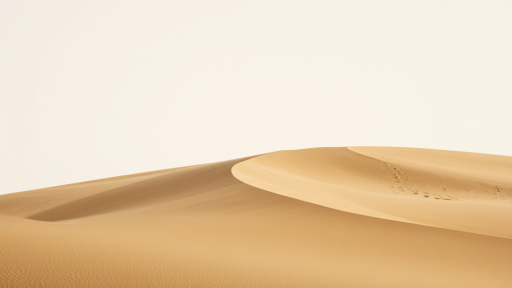 Minimalist abstract composition of single perfect horizon line where golden sand meets pale sky, almost monochromatic, zen simplicity.