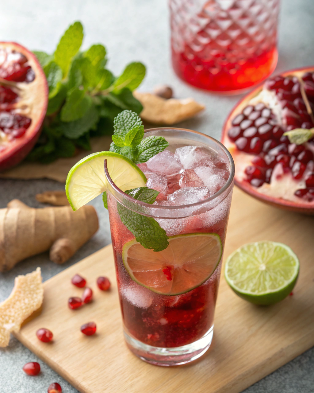 Pomegranate Mocktails ingredients laid out on clean white counter