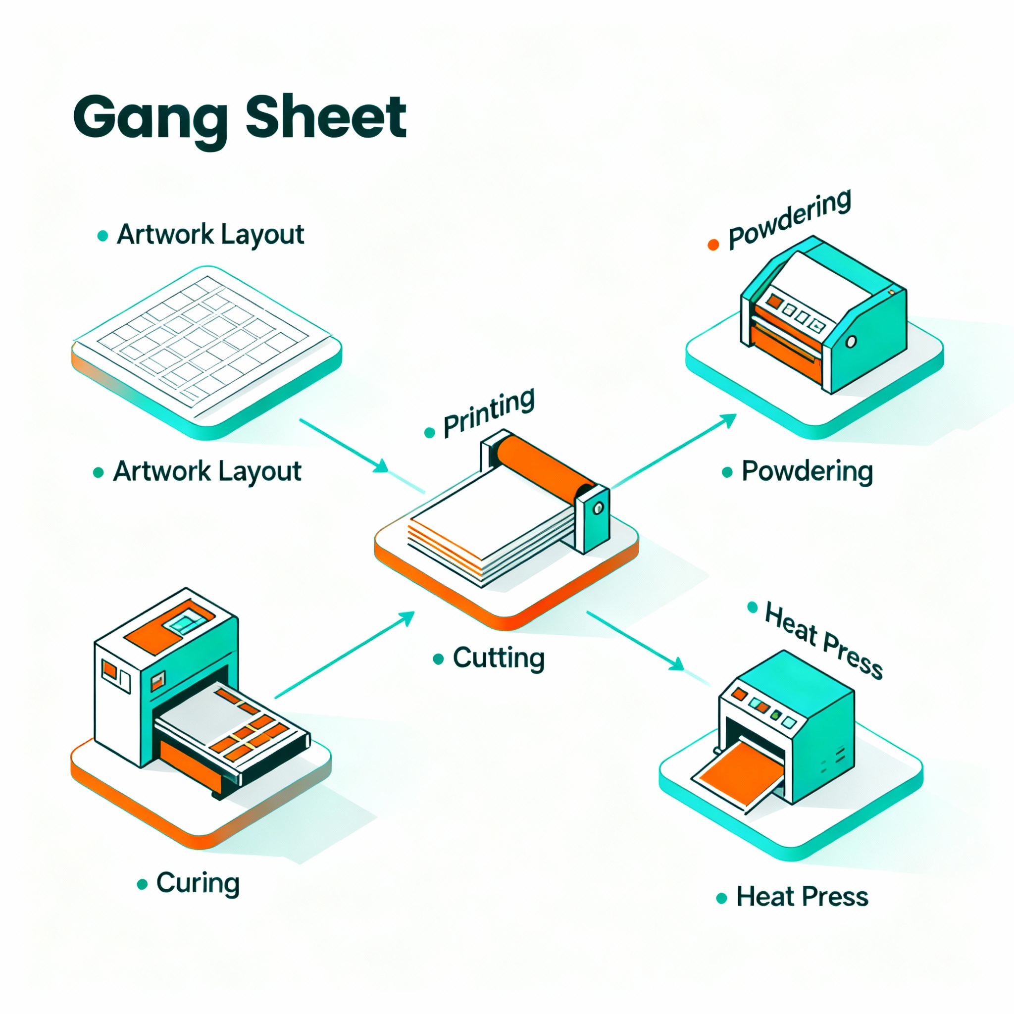Isometric infographic-style visual showing the gang sheet process flow: artwork layout, printing, powdering, curing, cutti...