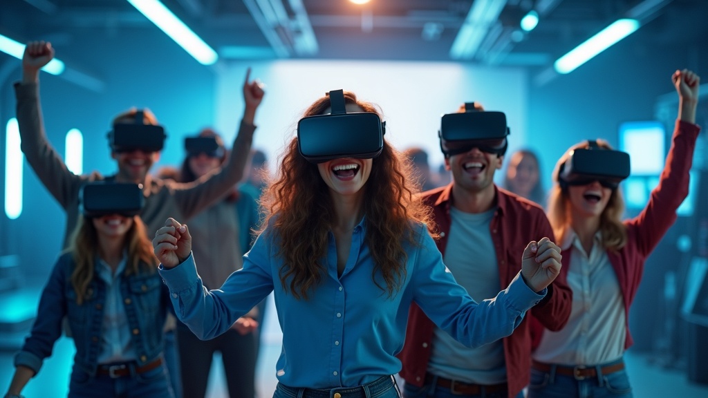 Participantes de un evento corporativo VR inmersos en una simulación de trabajo en equipo en Barcelona.