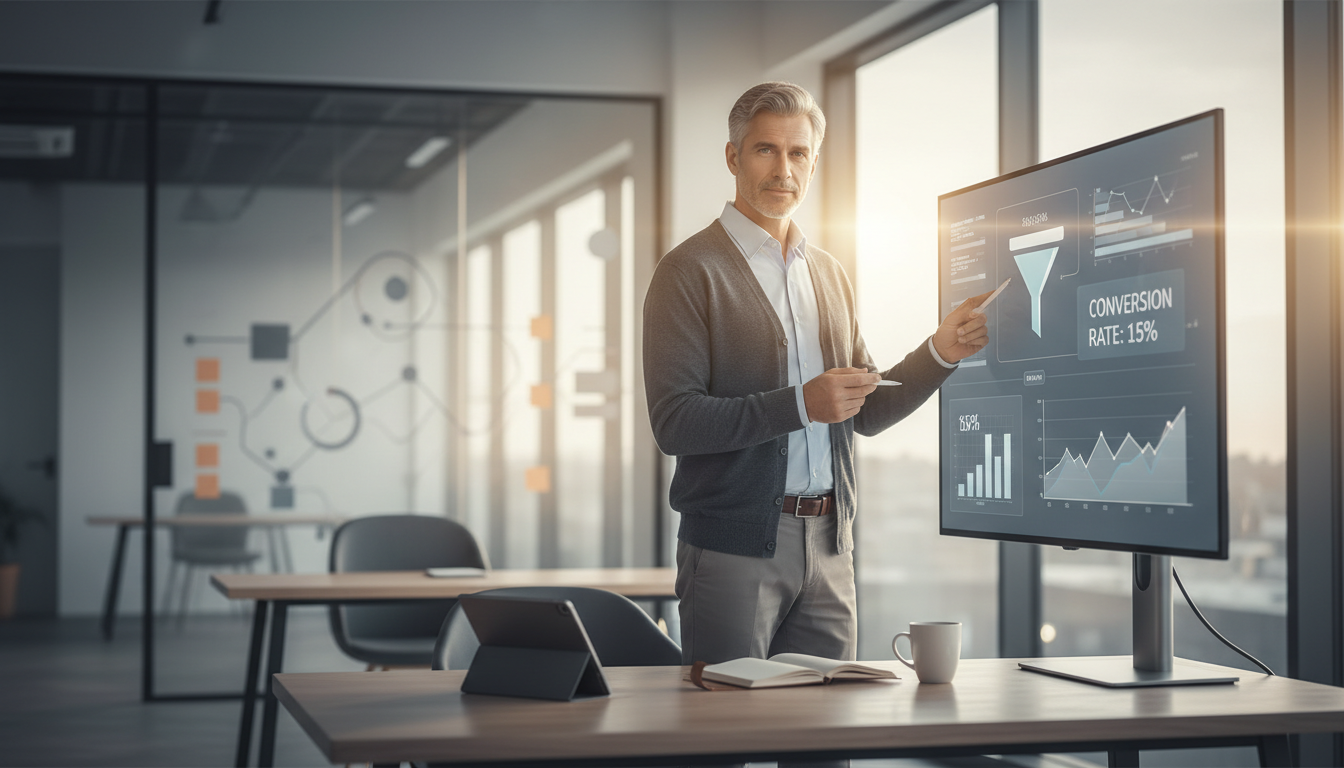 Head of growth in a modern office points at funnel metrics on a large monitor while taking notes at a desk with a notepad and coffee, lit by warm window backlight and soft fill lighting.