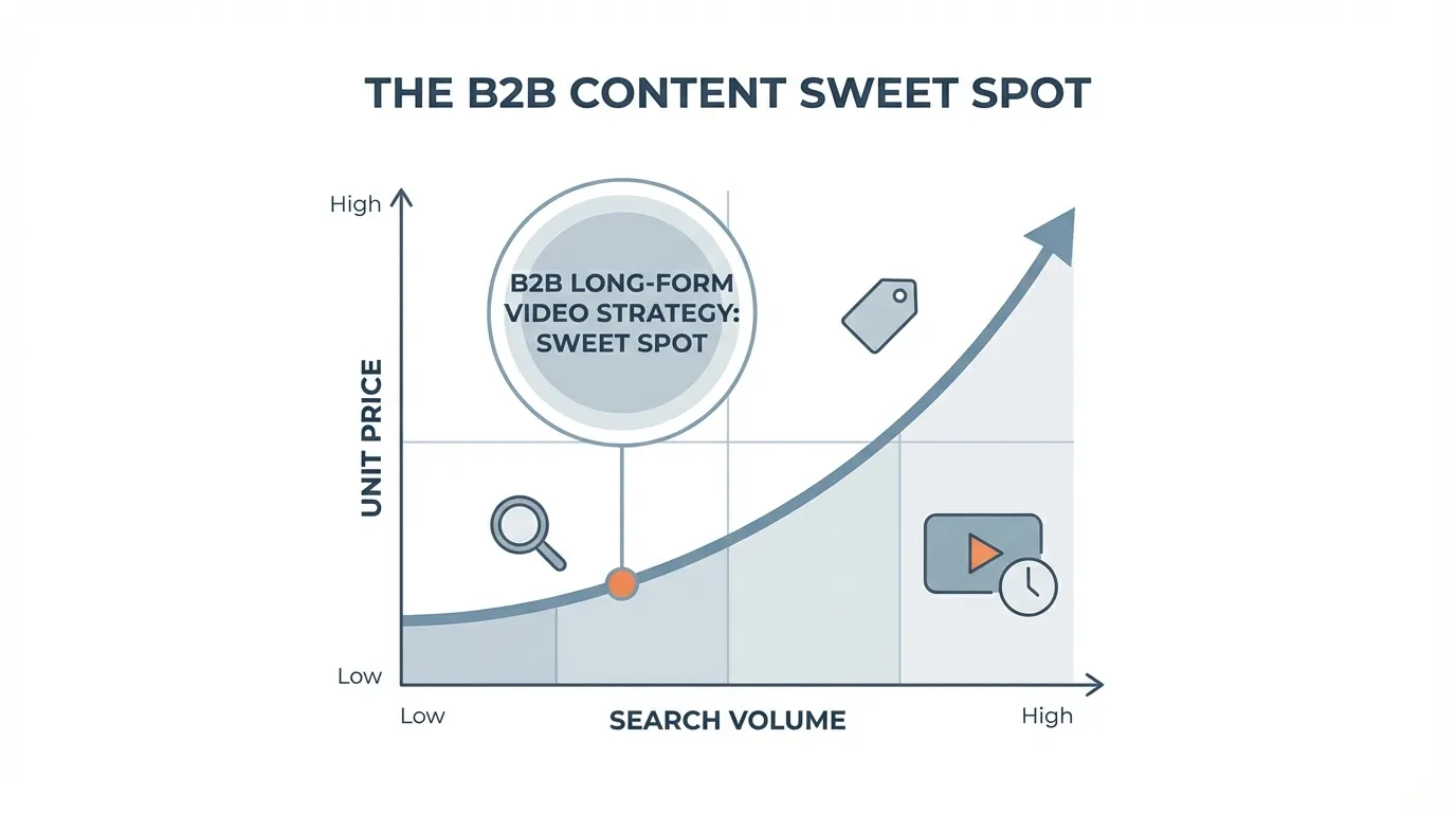 A graph showing the relationship between low search volume and high unit price, indicating a sweet spot for B2B long-form video strategy.