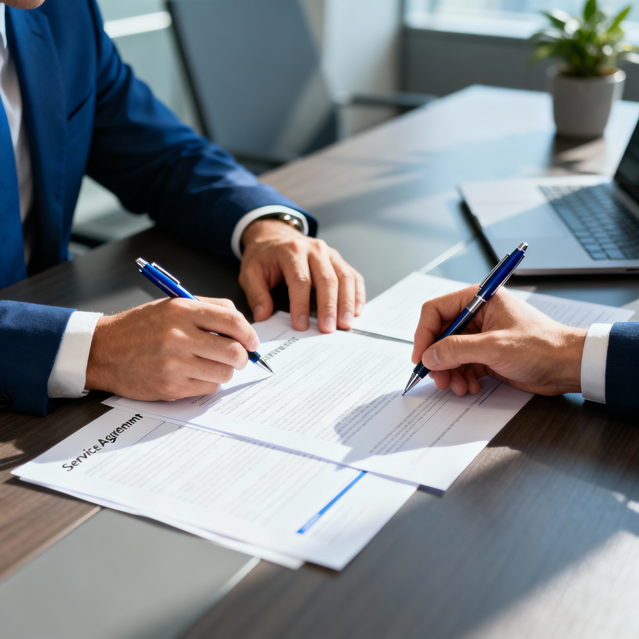 Photorealistic close-up of two professionals signing a printed services agreement at a conference table, warm natural ligh...