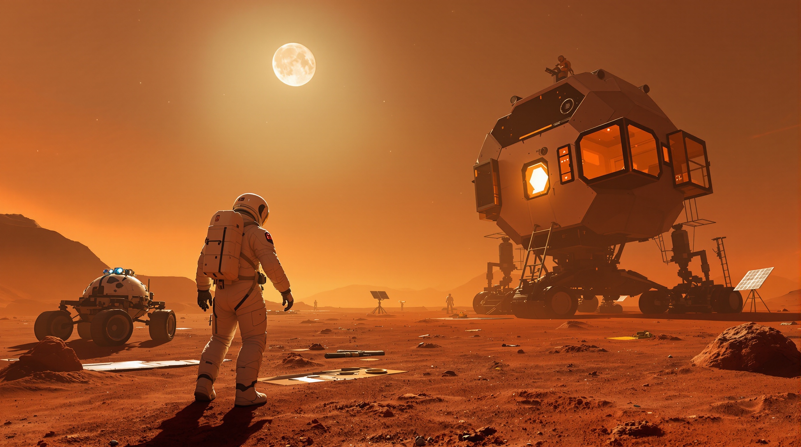 Vista de una base marciana durante nuestro análisis de Surviving Mars Pioneer VR.