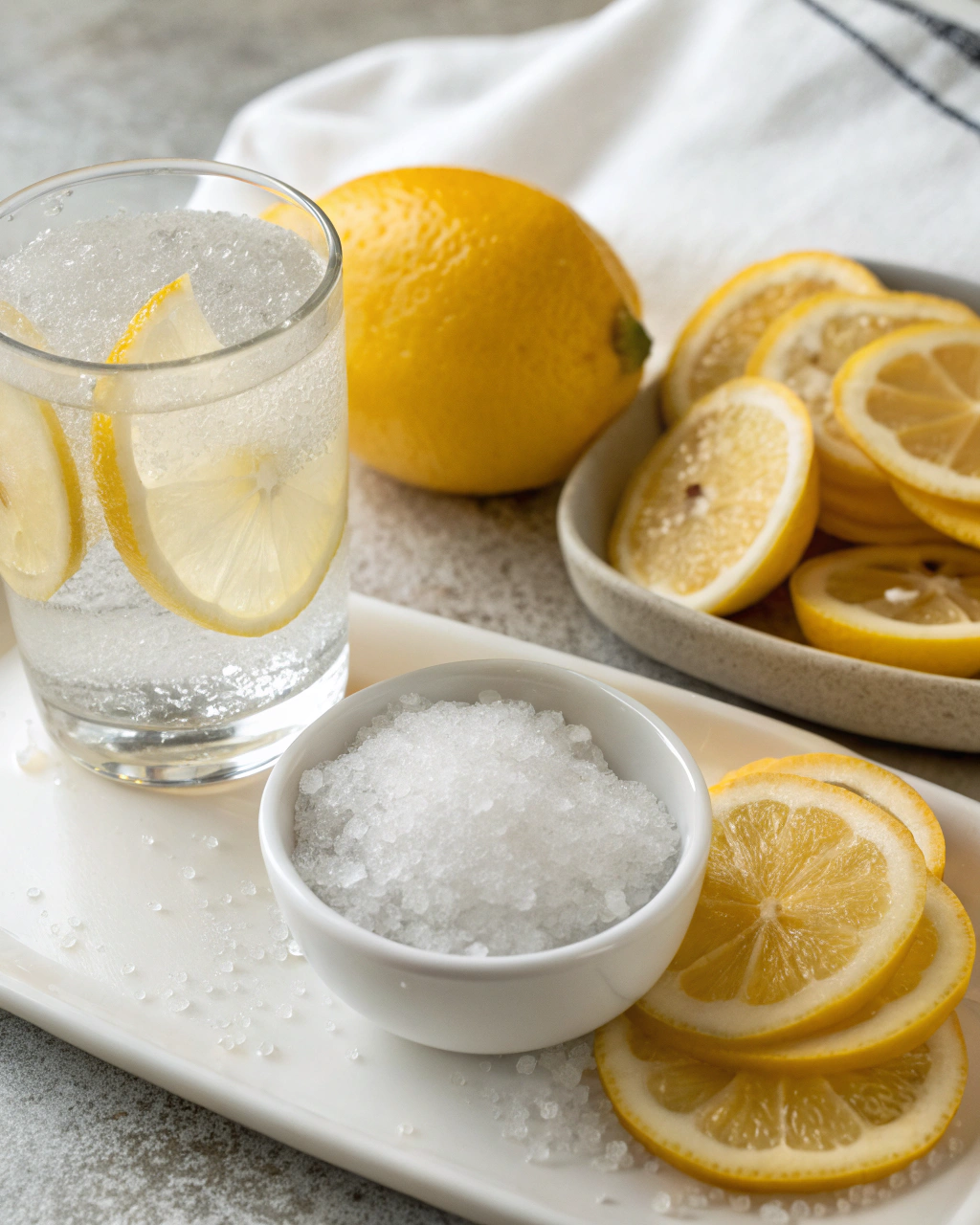 Non-Alcoholic Limoncello Spritz ingredients laid out on clean white counter