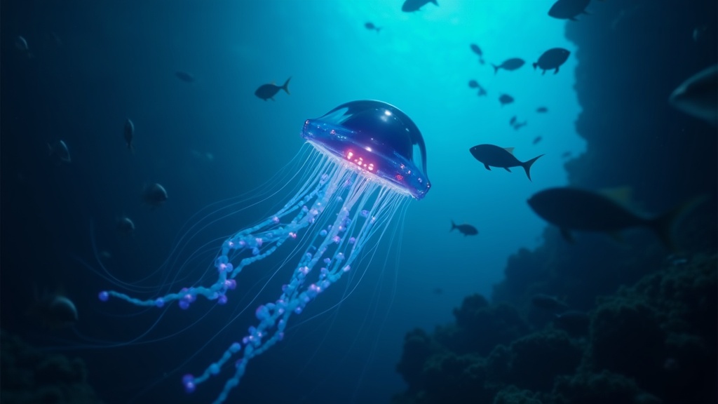 Ilustración conceptual del Robot Fantasma submarino en las profundidades del océano, mostrando su diseño de medusa.