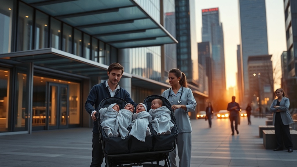 현대 병원 앞에서 가족이 함께 서 있는 다정한 장면