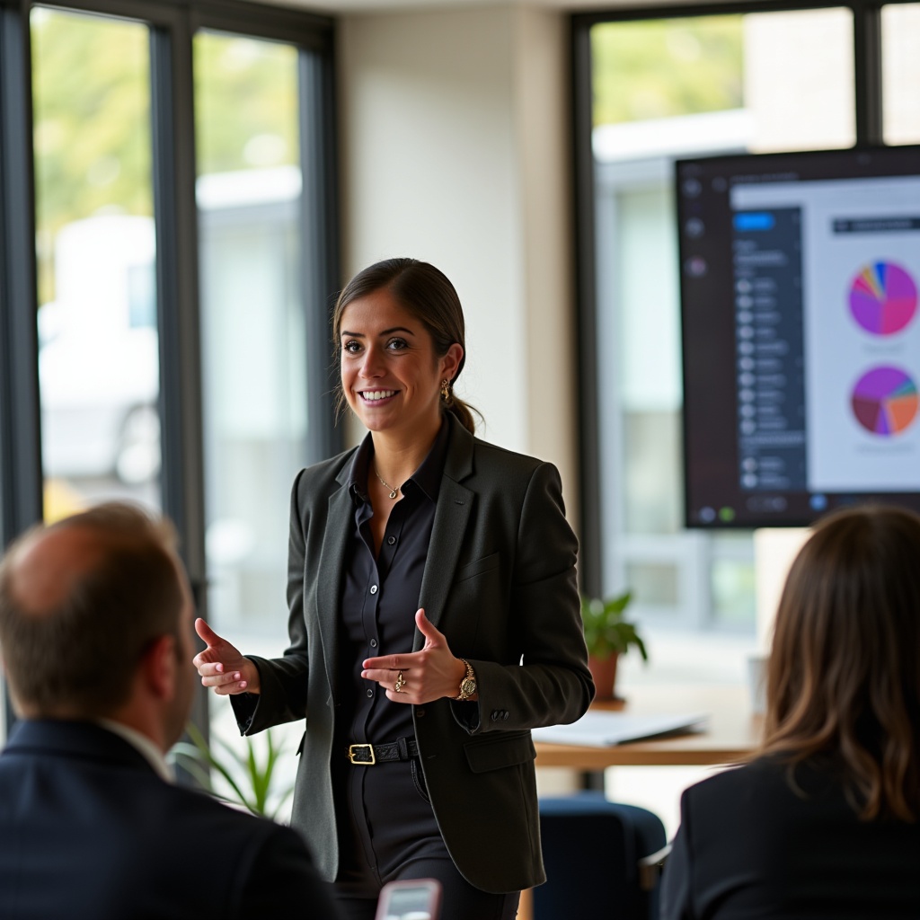 Caro Next engaging audience in bright office setting