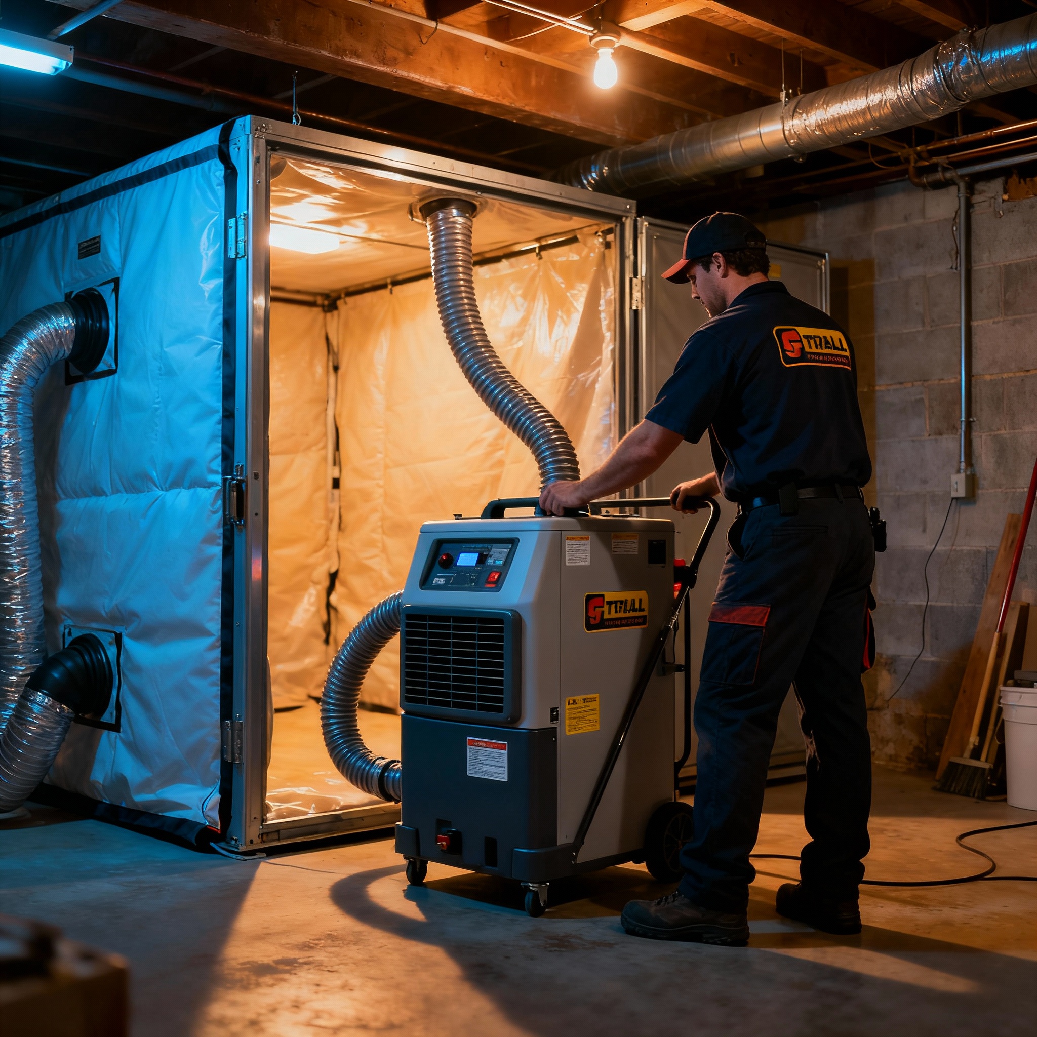 Photorealistic scene of a certified restoration technician in branded gear operating a large dehumidifier in a basement wi...