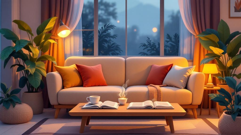 Cartoon cozy living room relaxation scene