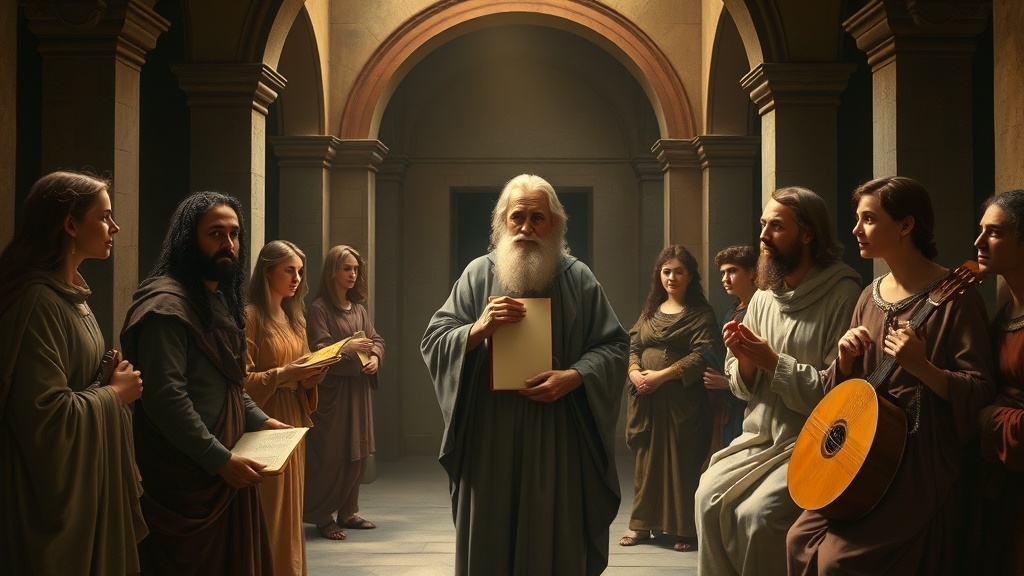 르네상스적 분위기의 실내 연대 장면, 한 인물이 도구를 나누는 모습