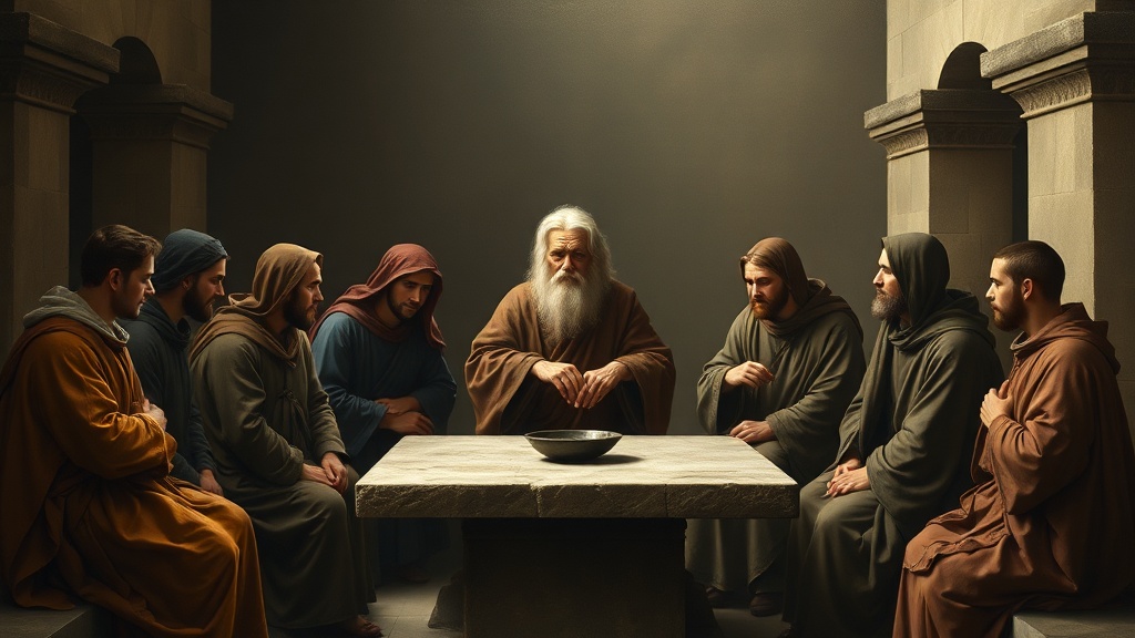 A contemplative council in a softly lit cloister scene