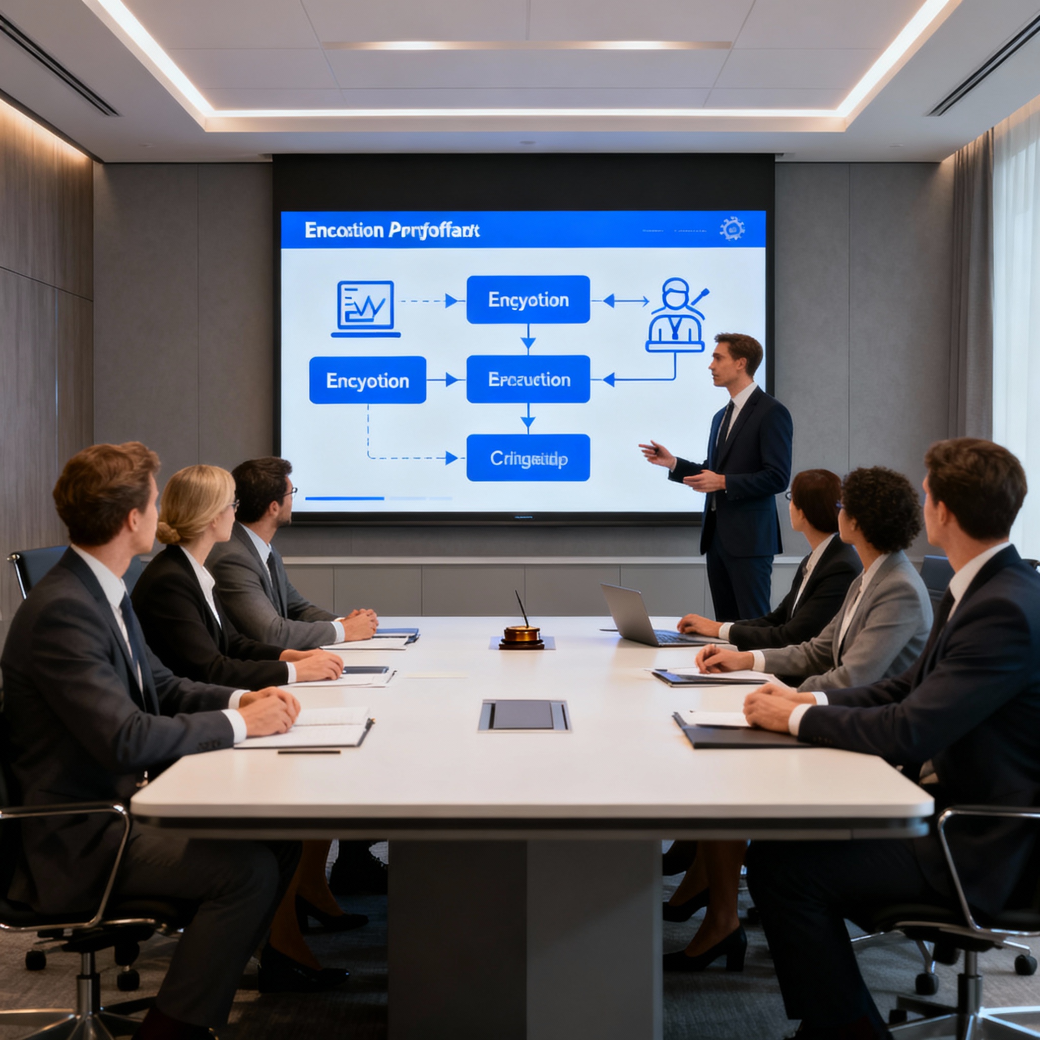 Photorealistic close-up of a legal team participating in a training session, modern conference room, presenter showing an ...
