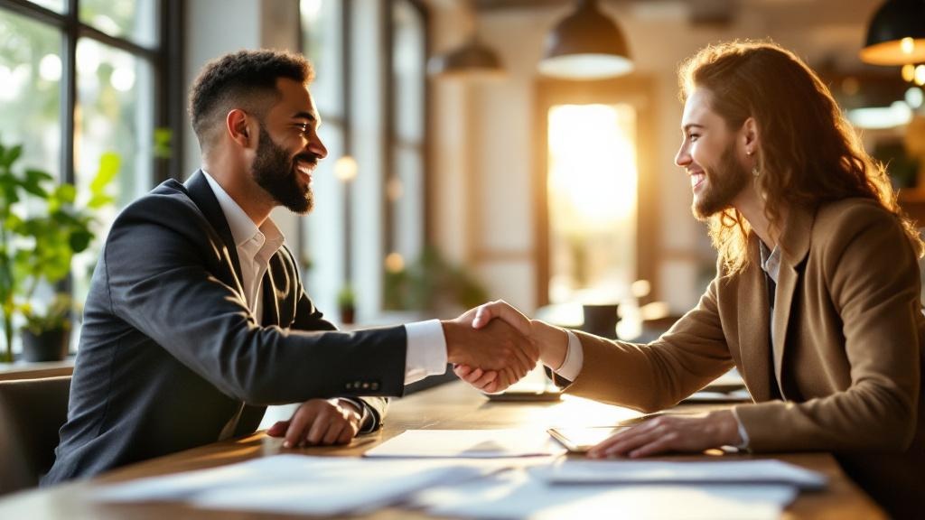 Local business partners shaking hands in bright coffee shop