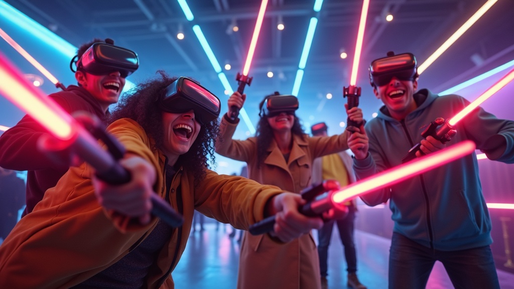 Un jugador con gafas VR y mandos se divierte con la experiencia Fruit Ninja VR Barcelona en Virtua