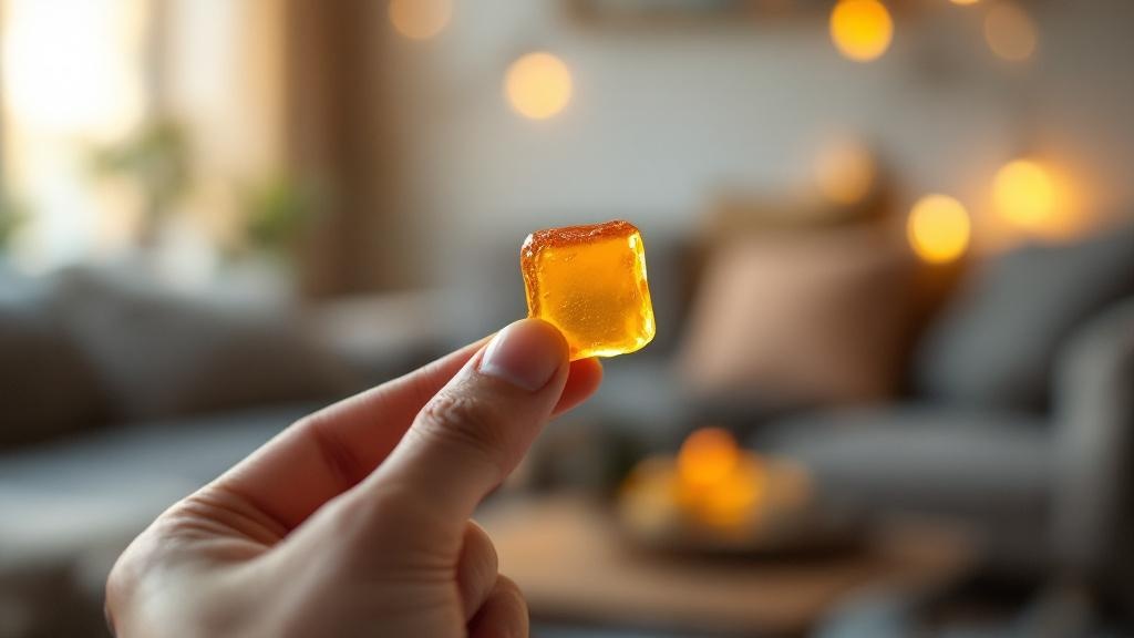 Hand holding translucent cannabis gummy in cozy setting