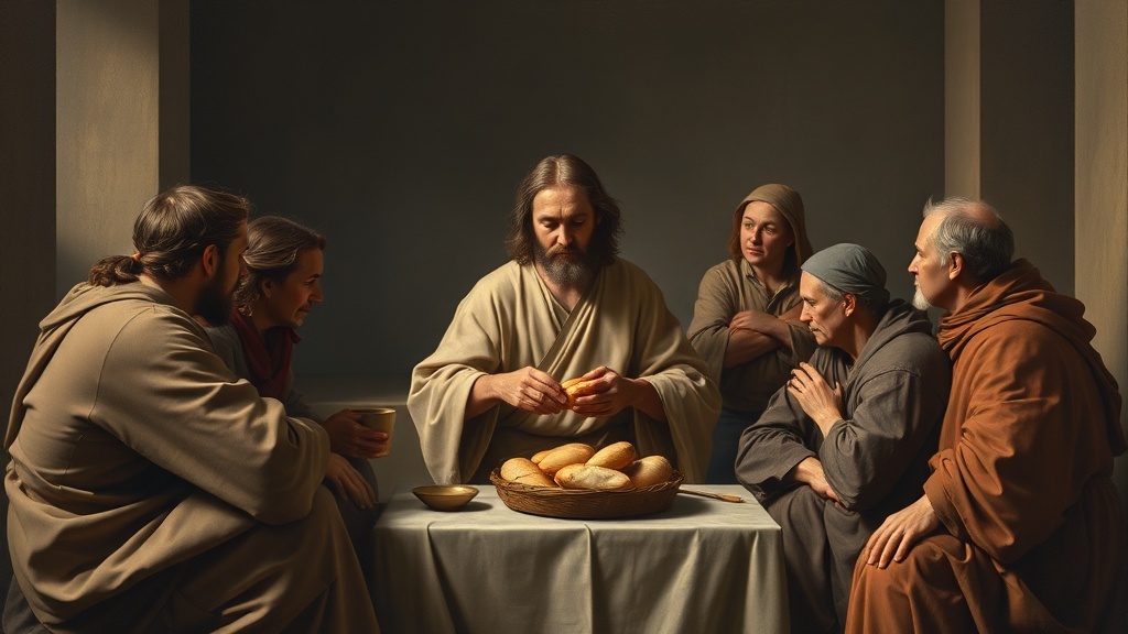 A religious, allegorical scene rendered in the style of Leonardo da Vinci: a contemplative, Renaissance-inspired interior in a 16:9 landscape composition, painted with soft, subtle lighting and the sfumato technique. The scene centers on a calm, compassionate figure gently offering a loaf of bread and a cup to a small group of humble people gathered around, evoking biblical themes of care for the poor and the contrast between heartfelt service and empty rhetoric. Arrange the figures with anatomically correct, realistic proportions and varied, non-specific features so no single ethnicity, nation, or identifiable person is implied. Faces should display detailed, expressive emotions—hope, weariness, quiet suspicion, gratitude—rendered with meticulous attention to subtle micro-expressions. Clothing and drapery are rendered with careful folds and texture in a rich, earthy color palette (warm umbers, muted ochres, deep browns, soft siennas), showing wear and simple tailoring to suggest modest means without contemporary or regional markers. The composition is balanced and harmonious, guided by clear geometric principles (a stable triangular grouping and implied golden-ratio spacing), with atmospheric perspective creating depth: a softly lit foreground, middle-ground figures, and a hazy architectural background. Background architecture should be intricate but non-specific—stone arches, a high vaulted doorway, steps receding into a misty space—painted with gentle, hazy outlines that blend figures into the environment. Use dramatic but controlled chiaroscuro to shape bodies and faces, producing a serene, contemplative mood and high realism combined with idealized beauty. Include subtle, everyday objects as visual metaphors (a worn shoe, a simple coin on a wooden table, a small bundle of thread) that suggest economic struggle and human dignity, but avoid any identifiable logos, political insignia, religious icons, or explicit symbols. The overall tone should be solemn, humane, and meditative—suitable for a sermon illustration about how leaders' words about 'the common people' can diverge from lived reality—conveyed entirely through gesture, expression, light, and composition rather than through literal labels or names.