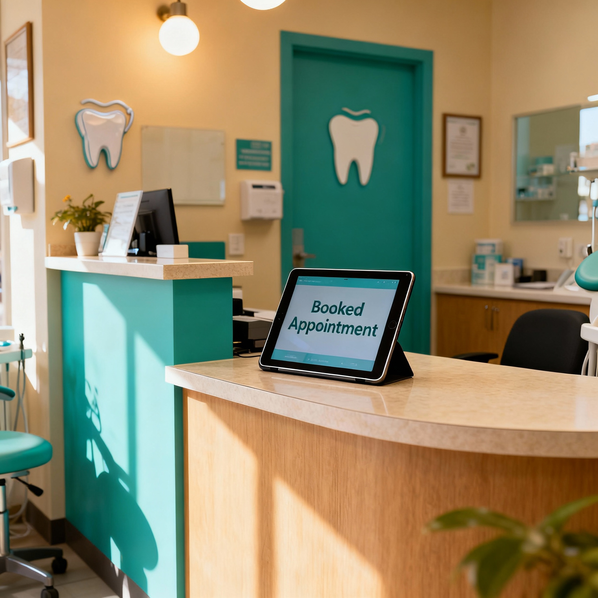 Photorealistic wide shot of a small local dental office reception area with a digital tablet on the counter showing a book...