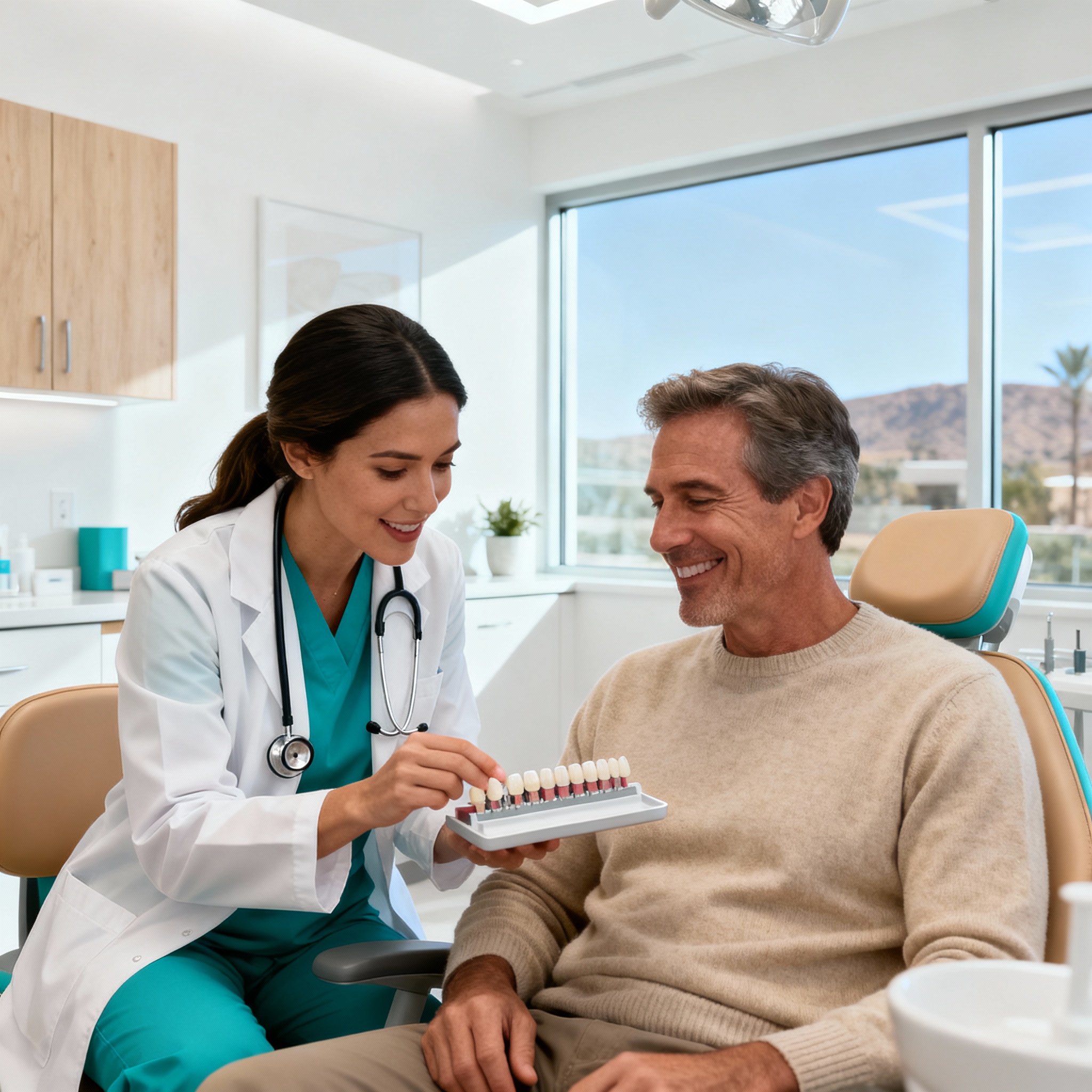 Photorealistic wide shot of a modern Scottsdale dental operatory, female dentist reviewing veneer mockups with a middle ag...