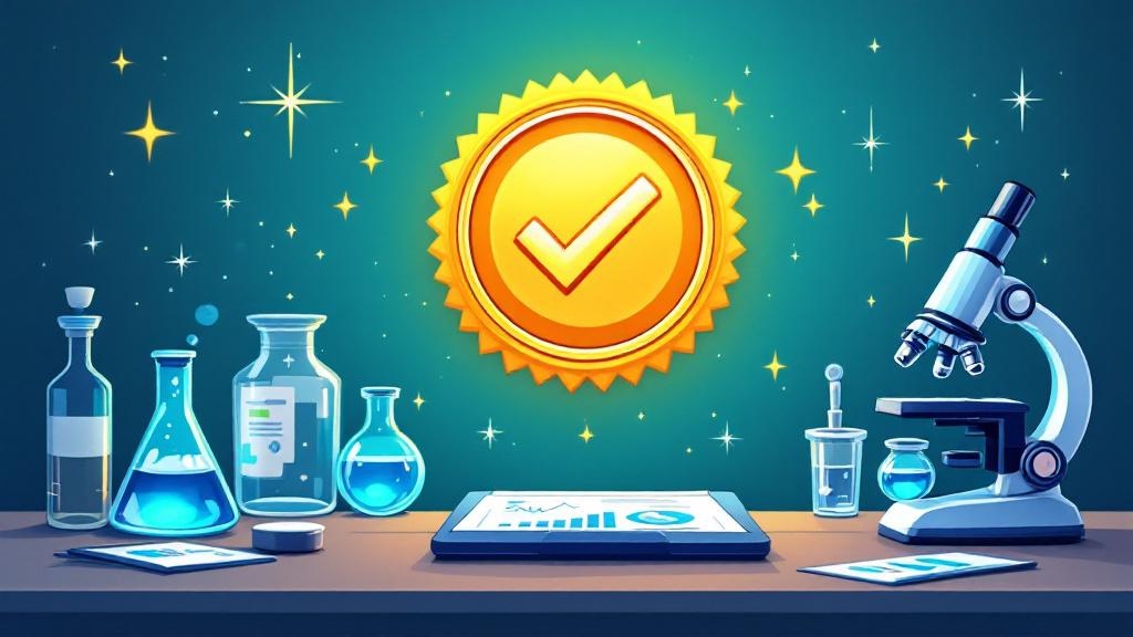 Cartoon lab testing equipment and quality certification badge
