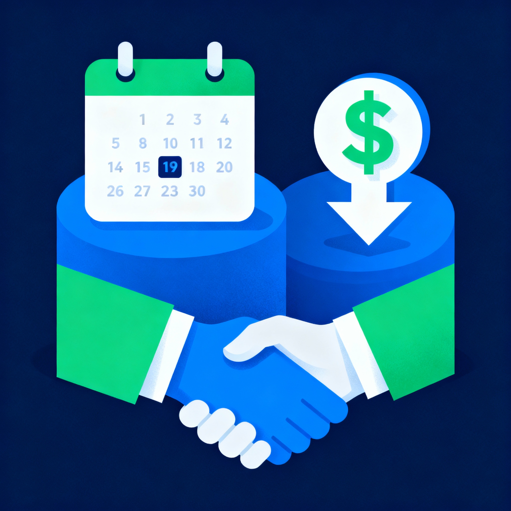 Minimalist infographic style image showing three stacked icons: a calendar with fewer days highlighted, a dollar sign with...