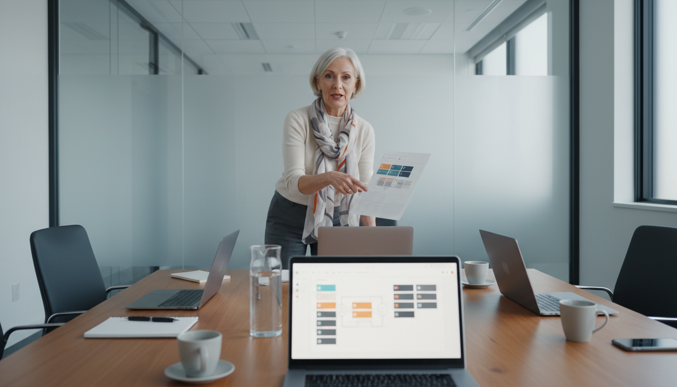 A senior professional leading a collaborative marketing meeting around a wooden conference table, pointing at integration tiles on a laptop while colleagues lean in and discuss; modern office with frosted glass partitions and soft natural daylight. The scene is uncluttered and focused on teamwork and data-driven planning.