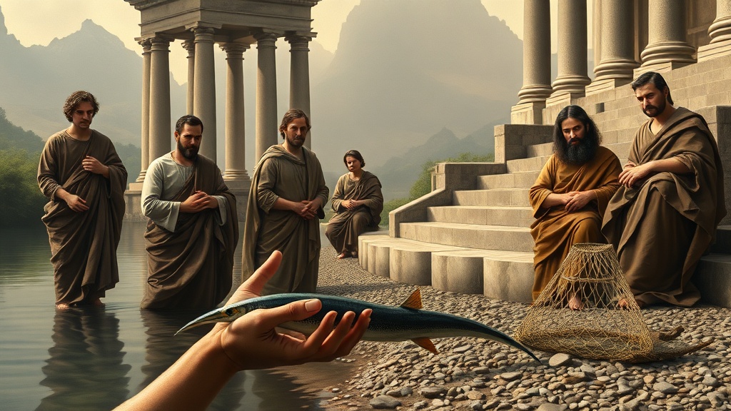 고전적 풍경 속 인물들이 강가에서 생명을 존중하는 장면을 묘사한 회화적 이미지