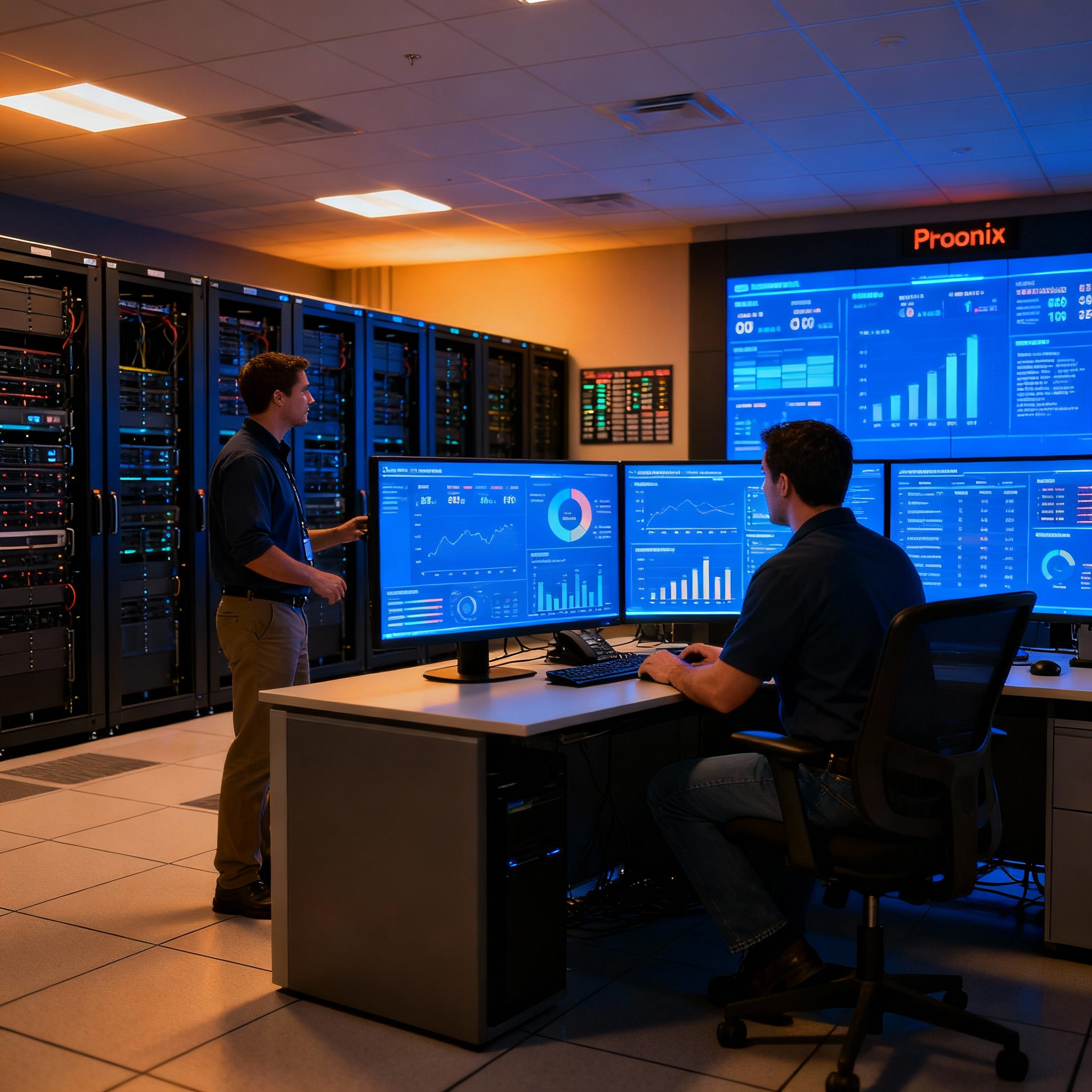 Photorealistic scene of a Phoenix data center operations room, two technicians at a dashboard monitoring performance and c...