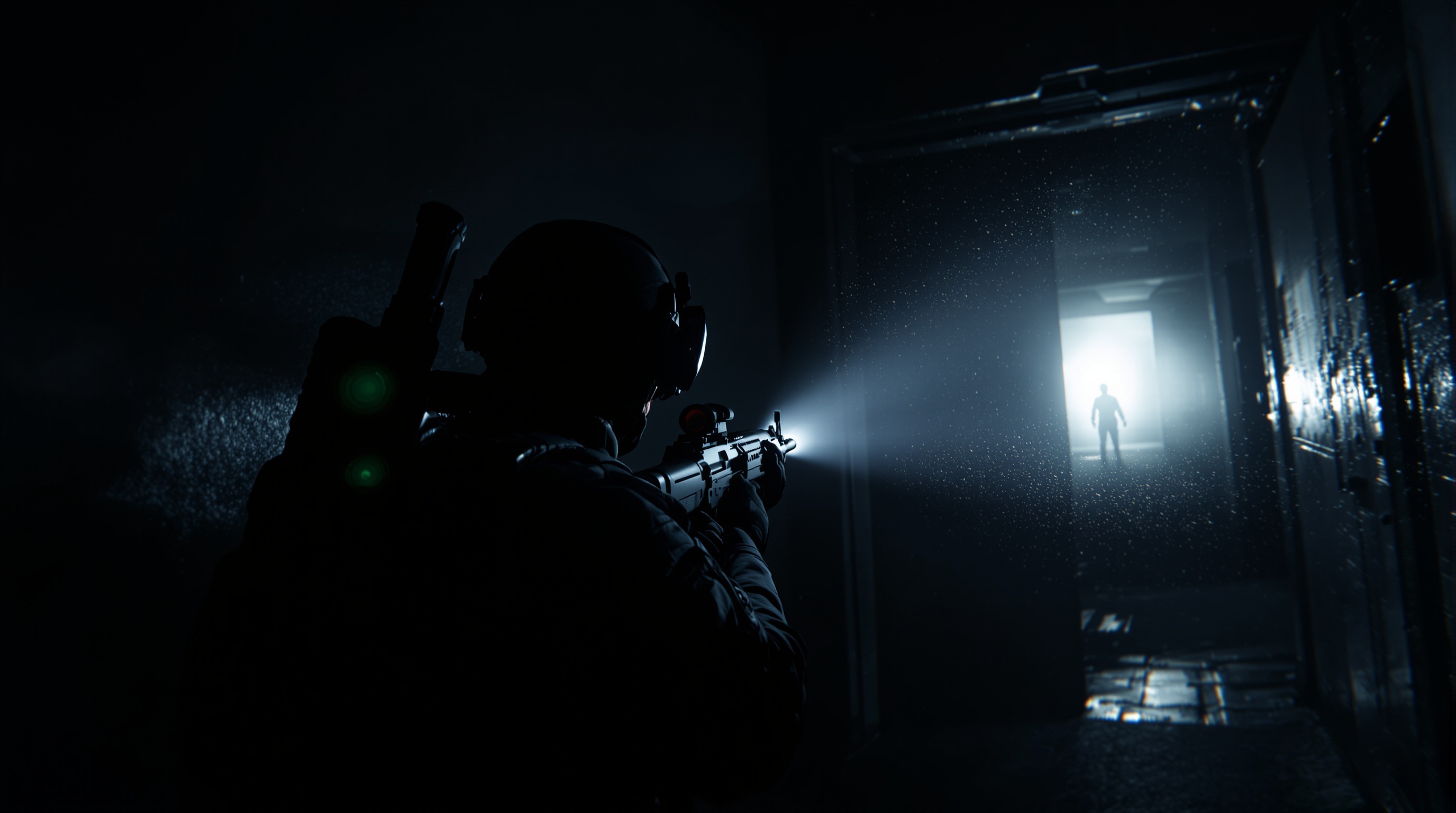 Análisis de un entorno táctico en Split Second VR con iluminación atmosférica y ambientes tensos.