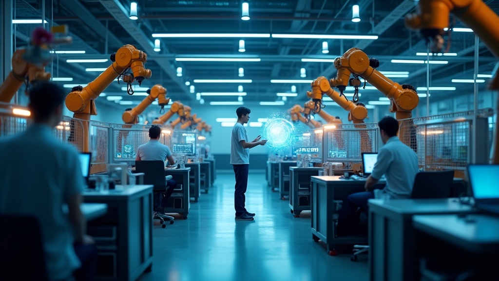 Robot colaborativo operando junto a un trabajador en una pyme para mejorar la robótica colaborativa, la seguridad y la ergonomía.