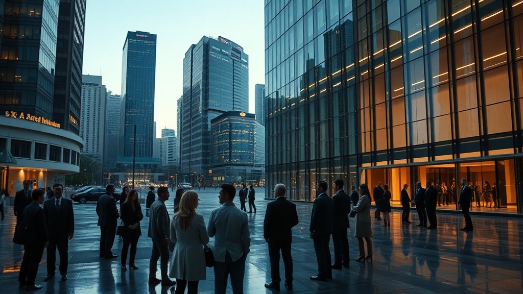 A cinematic summit scene showing delegates and a private meeting in a glass corridor