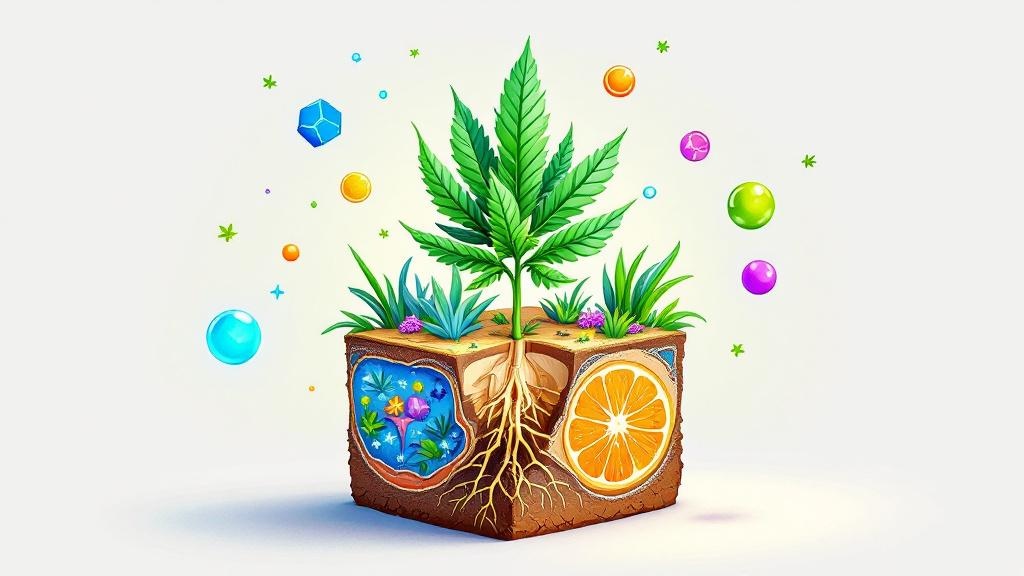 Cartoon illustration of cannabis plant with cannabinoid molecules