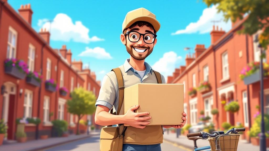 Cartoon friendly delivery person Leeds residential street