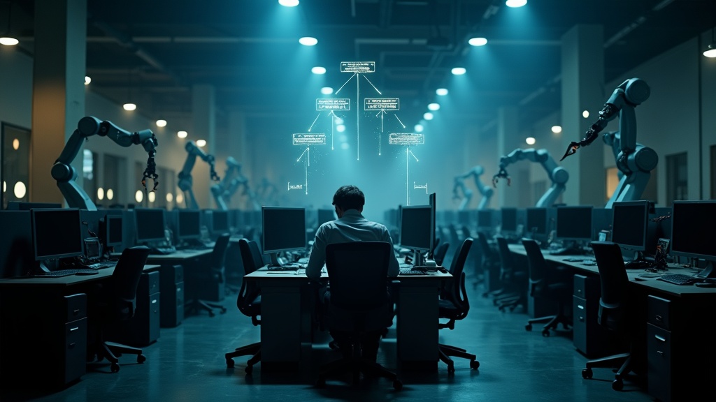 Trabajador de oficina analizando datos junto a una interfaz de Inteligencia Artificial